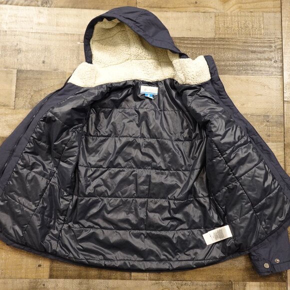Columbia Hooded Insulated Jacket Women’s Large Navy Winter Sherpa Trim - Picture 14 of 16